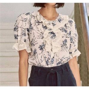 THE GREAT. Bishop Floral Ruffle Blouse in Blue Jasmine Floral